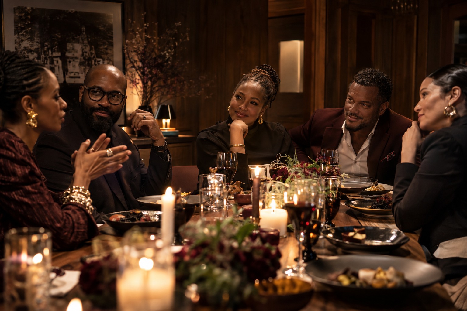 Stylish leaders sharing an engaged conversation around a candlelit dinner table